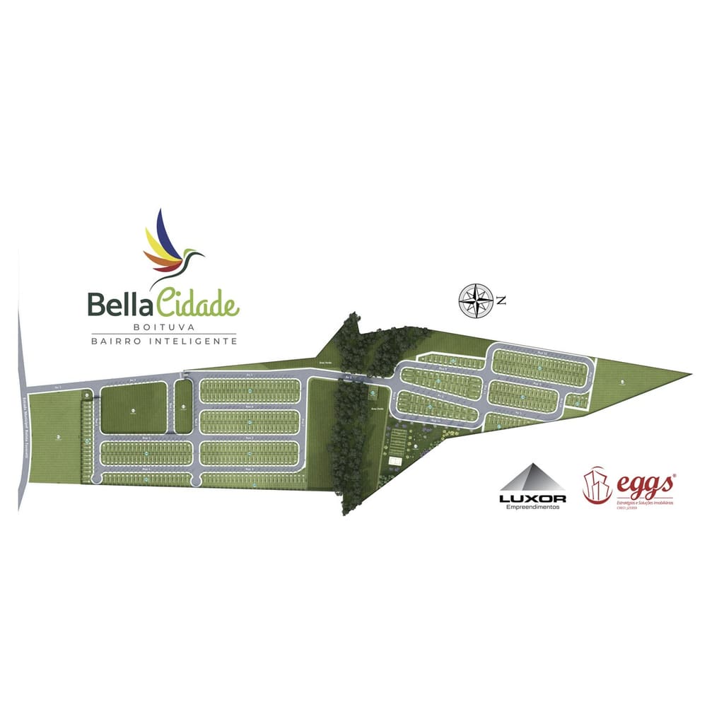 Mapa de implantação geral do Bella Cidade, com quadras e áreas verdes