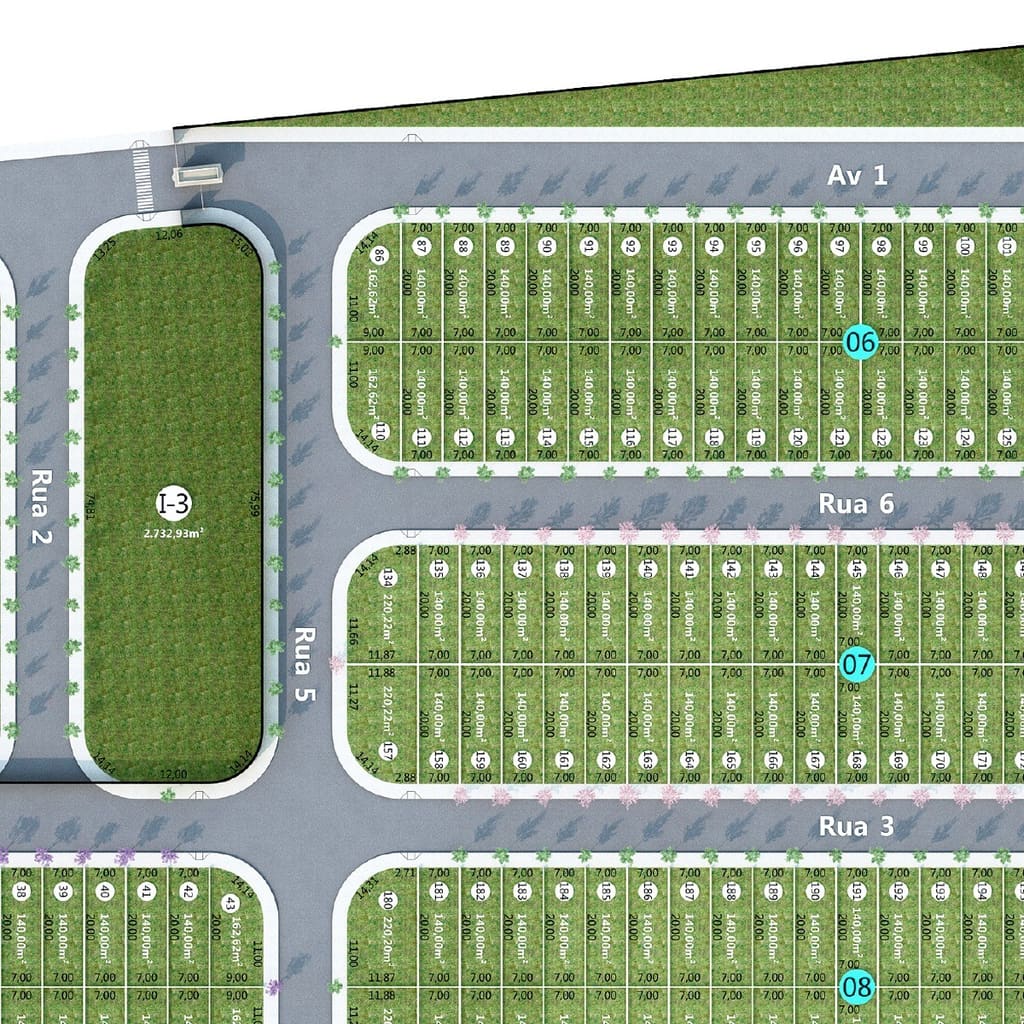 Detalhe de uma quadra do Bella Cidade com as medidas dos lotes